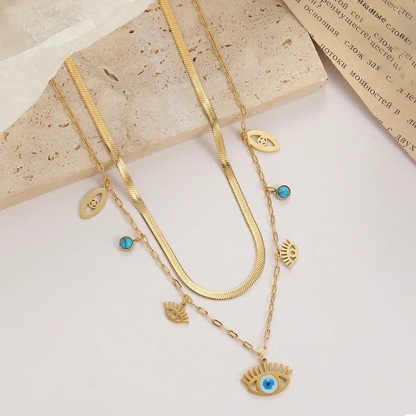 Gold-Plated Stainless Steel Anti-Tarnish Evil Eye Dual-Strand Necklace for Women - Image 2