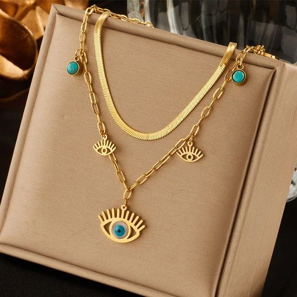 Gold-Plated Stainless Steel Anti-Tarnish Evil Eye Dual-Strand Necklace for Women