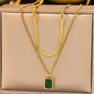 Gold-Plated Anti Tarnish Green Emerald Geometric Two Layered Necklace