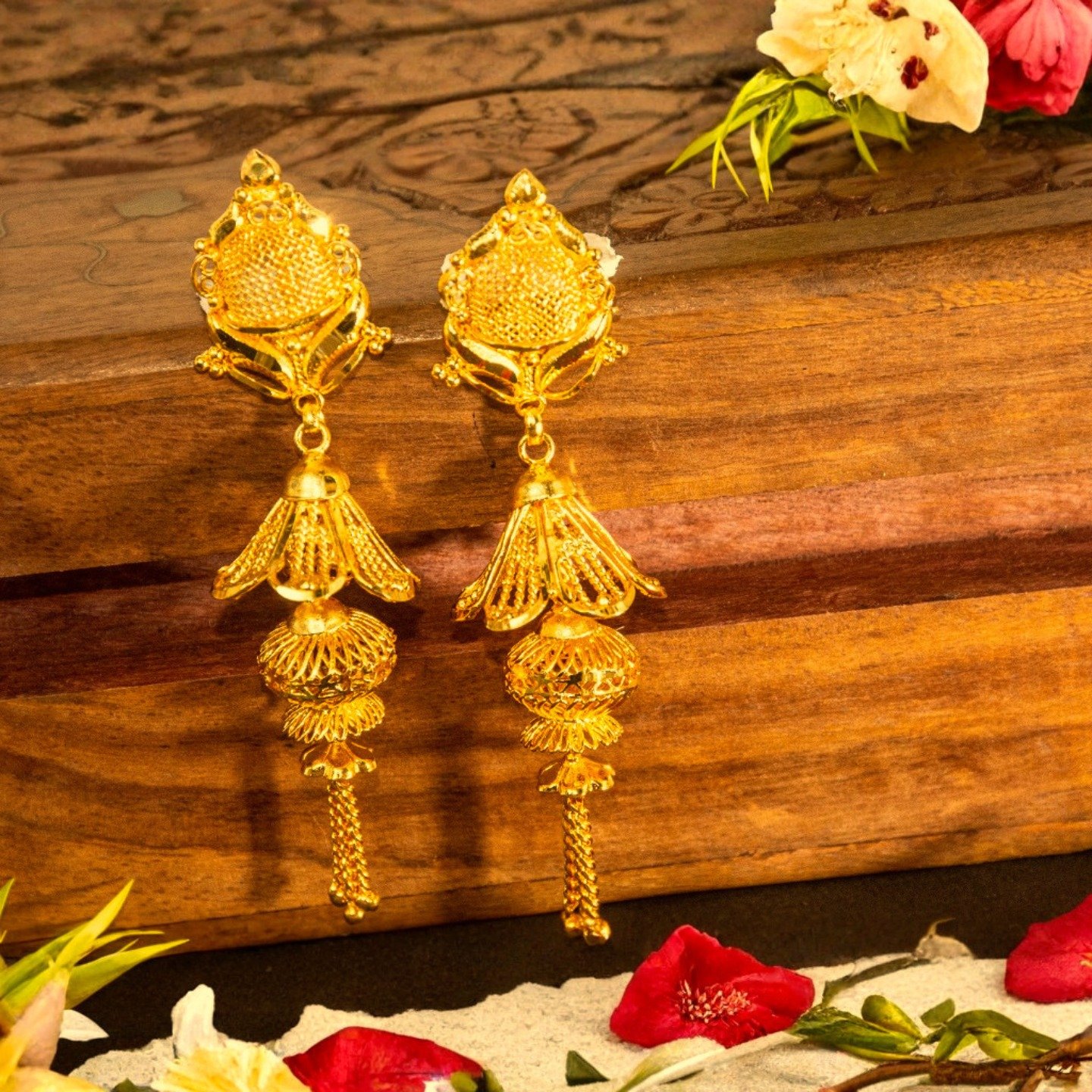 Zenvy Creation Premium 24Kt Gold Plated Three-Tier Floral Drop Earrings - Image 4