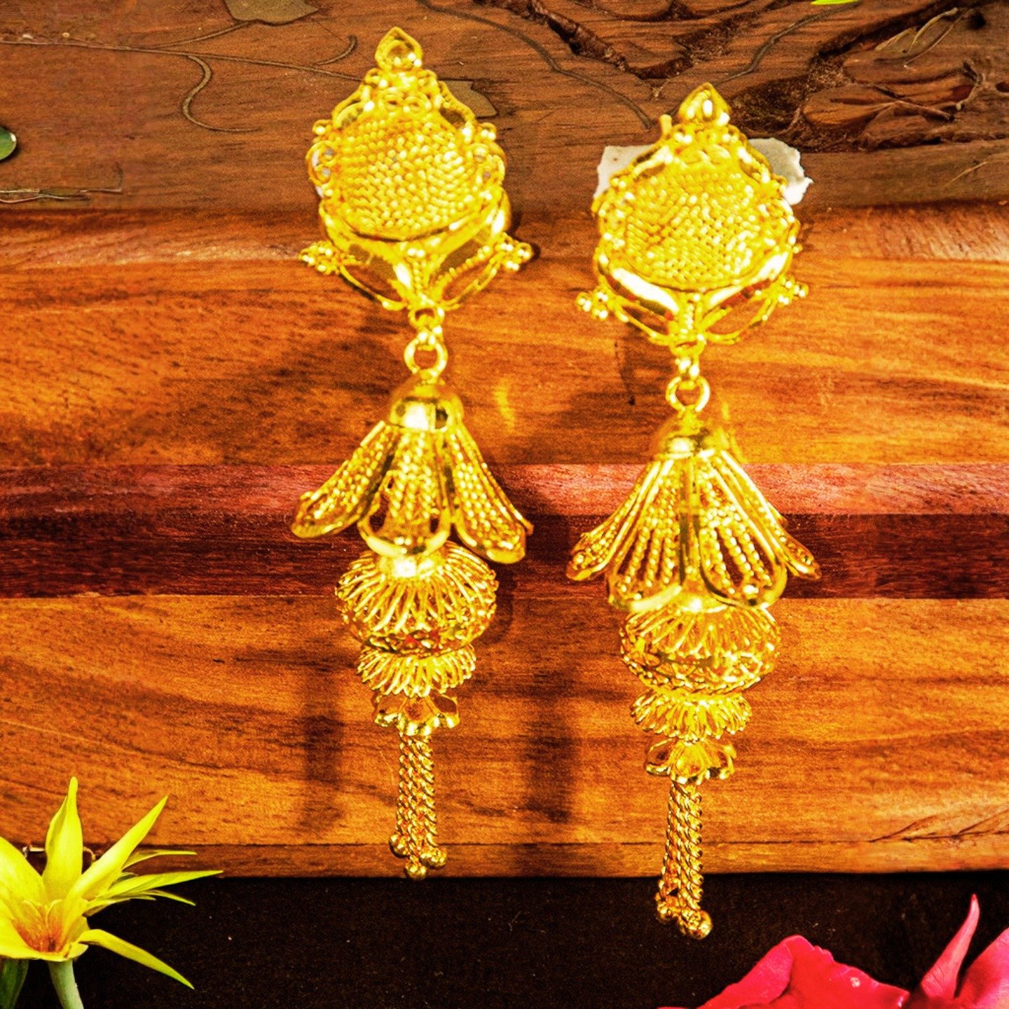 Zenvy Creation Premium 24Kt Gold Plated Three-Tier Floral Drop Earrings - Image 2
