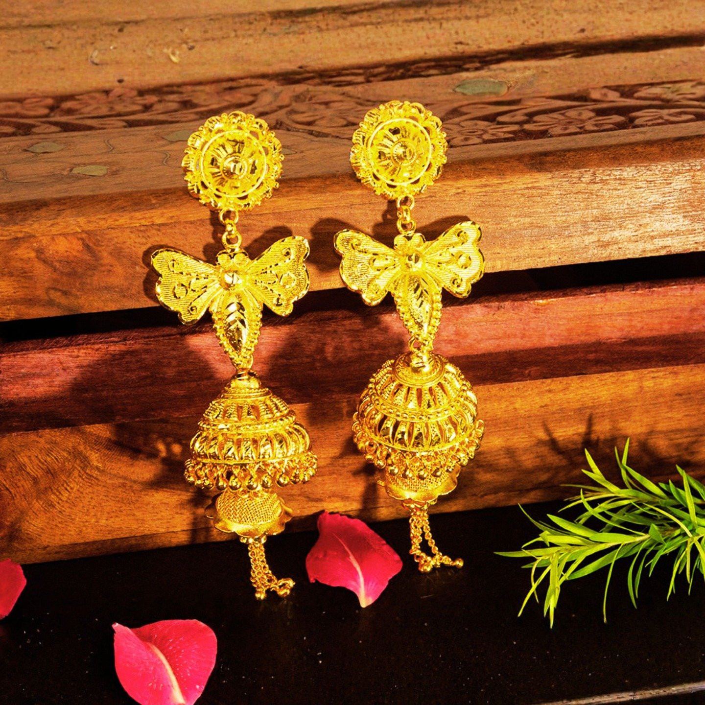 Zenvy Creation Premium 24Kt Gold Plated Butterfly Jhumka Earrings - Image 4
