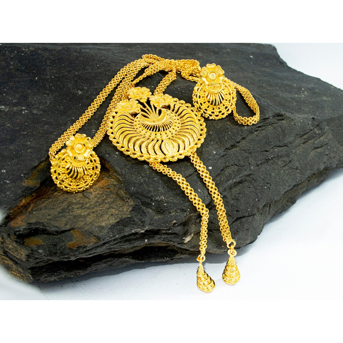 Zenvy Creation premium 24Kt gold plated flower tie chain with earrings - Image 2