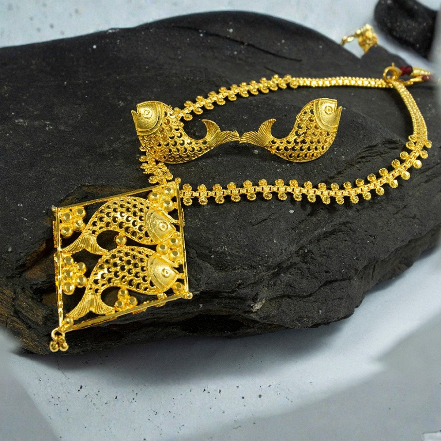 Zenvy Creation Premium 24Kt Gold Plated Fish Tie Chain with Earrings - Image 3